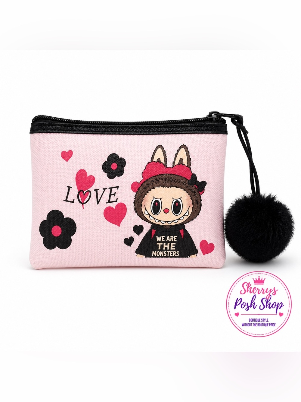Labubu Heart Zip Pouch Pink Black Cute Kawaii Coin Makeup Bag Pom Keychain